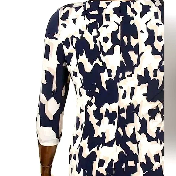 Ralph Lauren Navy & Cream (Size 16) Bateau Sheath Patterned Ruched Office Dress - Picture 6 of 16